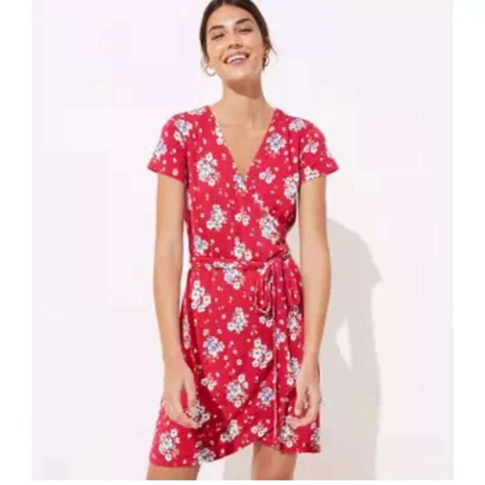 LOFT Red Wrap Mini Dress V-Neck Short sleeve women XS vacation soft casual fairy